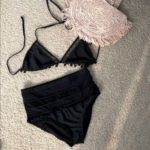 Pom Pom Boho Black high-waisted Bikini